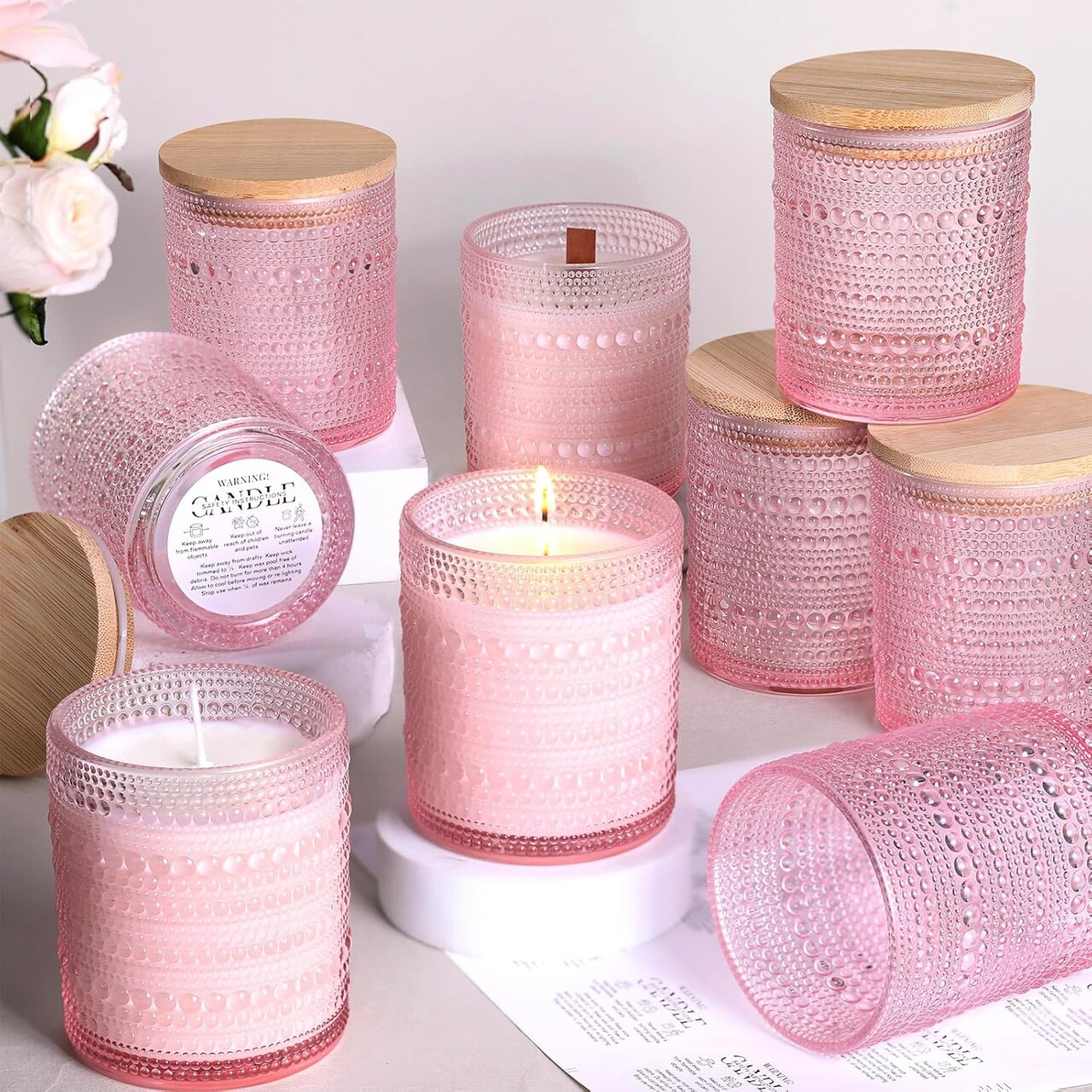 12 Pack Pink Candle Jars for Making Candles- 8 OZ Empty Glass Candle Making Jars with Bamboo Lids and Labels, Candle Containers Candle Making Jars for DIY Gifts